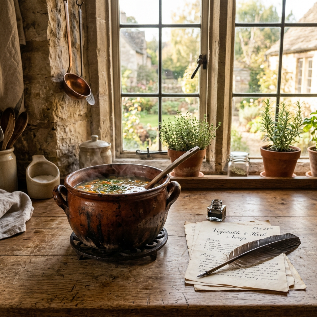 Steaming vegetable soup in a rustic pot on a wooden countertop by a window with potted herbs and handwritten recipe pages