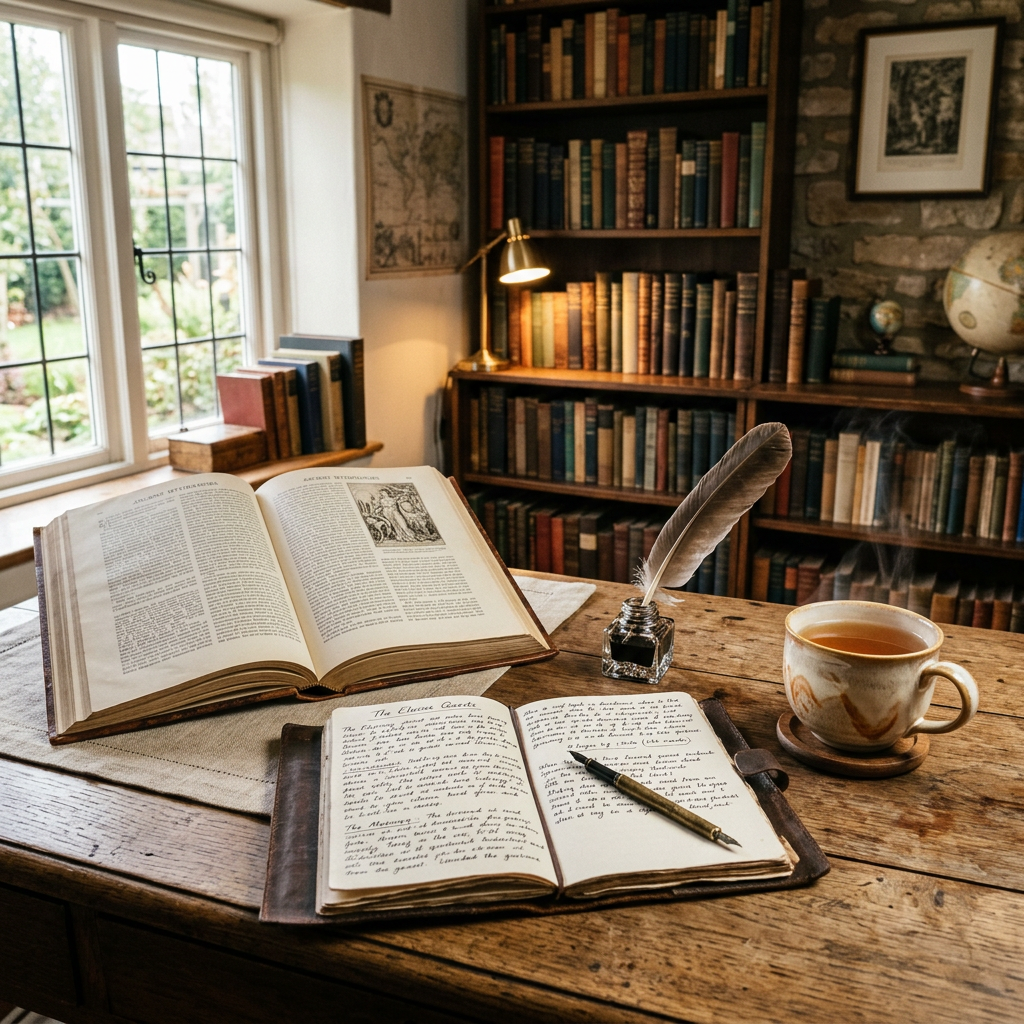 Open book, handwritten journal with pen, quill ink bottle, steaming tea cup on wooden desk in vintage library
