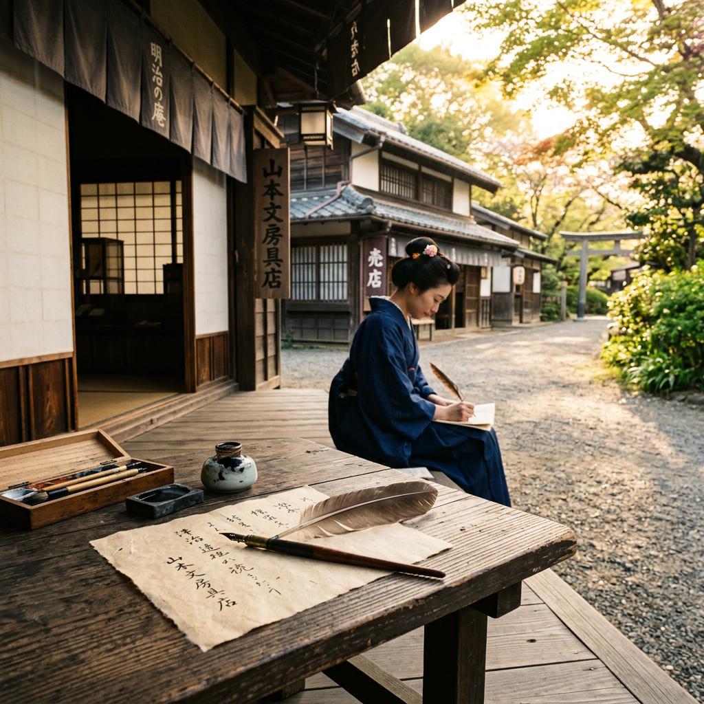 Woman in kimono writing with quill outside traditional Japanese buildings