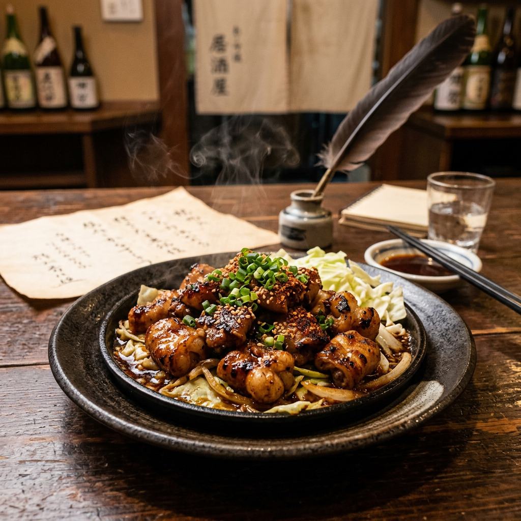 Steaming grilled meat rolls topped with green onions on a black plate with cabbage and onions